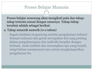 Proses Belajar Manusia
Proses belajar seseorang akan mengikuti pola dan tahap-
tahap tertentu sesuai dengan umurnya. Tahap-tahap
tersebut adalah sebagai berikut:
a. Tahap sensorik motorik (0-2 tahun)
 Segala tindakan tergantung melalui pengalaman indrawi.
Sensasi (rabaan) dan gerak merupakan hal yang penting
dalam pengalamannya dan individu berpikir dengan
berbuat. Anak melihat dan meresapkan apa yang terjadi,
tetapi belum mempunyai cara untuk mengkategorikan
pengalaman itu.
 