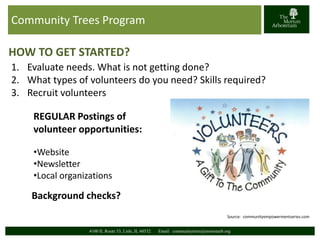 Community Trees Program 
HOW TO GET STARTED? 
1. Evaluate needs. What is not getting done? 
2. What types of volunteers do you need? Skills required? 
3. Recruit volunteers 
Source: communityempowermentseries.com 
REGULAR Postings of 
volunteer opportunities: 
•Website 
•Newsletter 
•Local organizations 
Background checks? 
4100 IL Route 53, Lisle, IL 60532 Email: communitytrees@mortonarb.org 
 