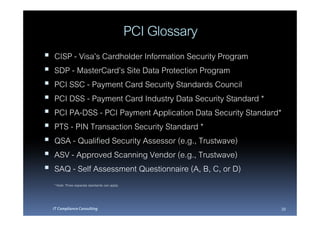 PCI Glossary
CISP - Visa’s Cardholder Information Security Program
SDP - MasterCard’s Site Data Protection Program
PCI SSC - Payment Card Security Standards Council
PCI DSS - Payment Card Industry Data Security Standard *
PCI PA-DSS - PCI Payment Application Data Security Standard*
PTS - PIN Transaction Security Standard *
QSA - Qualified Security Assessor (e.g., Trustwave)
ASV - Approved Scanning Vendor (e.g., Trustwave)
SAQ - Self Assessment Questionnaire (A, B, C, or D)
* Note: Three separate standards can apply



IT Compliance Consulting                                    39
 