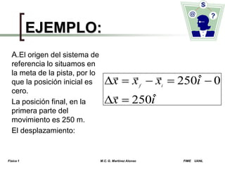 EJEMPLO:
A.El origen del sistema de
referencia lo situamos en
la meta de la pista, por lo
que la posición inicial es
cero.
La posición final, en la
primera parte del
movimiento es 250 m.
El desplazamiento:

Física 1

 

ˆ
x  x  x  250i  0

ˆ
x  250i
f

M.C. G. Martínez Alonso

i

FIME

UANL

 