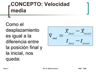 CONCEPTO: Velocidad
media
Como el
desplazamiento
es igual a la
diferencia entre
la posición final y
la inicial, nos
queda:
Física 1


v

med

M.C. G. Martínez Alonso


x

t

final

final


x
t

inicial

inicial

FIME

UANL

 