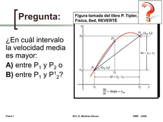 Pregunta:

Figura tomada del libro P. Tipler,
Física, 6ed, REVERTÉ

¿En cuál intervalo
la velocidad media
es mayor:
A) entre P1 y P2 o
B) entre P1 y P12?

Física 1

M.C. G. Martínez Alonso

FIME

UANL

 