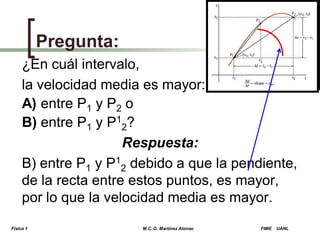 Pregunta:
¿En cuál intervalo,
la velocidad media es mayor:
A) entre P1 y P2 o
B) entre P1 y P12?
Respuesta:
B) entre P1 y P12 debido a que la pendiente,
de la recta entre estos puntos, es mayor,
por lo que la velocidad media es mayor.
Física 1

M.C. G. Martínez Alonso

FIME

UANL

 