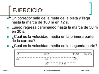 EJERCICIO:






Física 1

Un corredor sale de la meta de la pista y llega
hasta la marca de 100 m en 12 s.
Luego regresa caminando hasta la marca de 50 m
en 30 s.
¿Cuál es la velocidad media en la primera parte
de la carrera?.
¿Cuál es la velocidad media en la segunda parte?.

M.C. G. Martínez Alonso

FIME

UANL

 