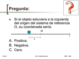 Pregunta:


Si el objeto estuviera a la izquierda
del origen del sistema de referencia
O, su coordenada sería:
O
+

A. Positiva.
B. Negativa.
C. Cero.
Física 1

x

M.C. G. Martínez Alonso

FIME

UANL

 