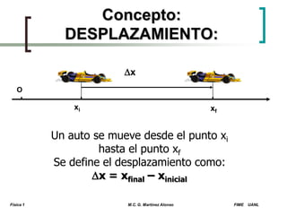 Concepto:
DESPLAZAMIENTO:
x
O

xi

xf

Un auto se mueve desde el punto xi
hasta el punto xf
Se define el desplazamiento como:
x = xfinal – xinicial
Física 1

M.C. G. Martínez Alonso

FIME

UANL

 