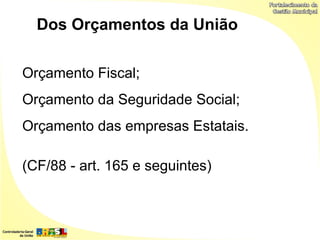 Dos Orçamentos da União

Orçamento Fiscal;
Orçamento da Seguridade Social;
Orçamento das empresas Estatais.

(CF/88 - art. 165 e seguintes)
 