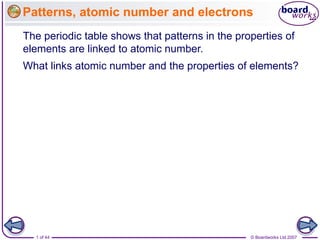 Patterns, atomic number and electrons
The periodic table shows that patterns in the properties of
elements are linked to atomic number.
What links atomic number and the properties of elements?




  1 of 44                                        © Boardworks Ltd 2007
 