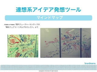 連想系アイデア発想ツール 
マインドマップ 
mass x mass／関内フューチャーセンターでの 
「横浜フェアツーリズムプロジェクト」より 
Copyrights(C) brandreams All rights reserved. 
 
