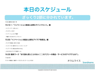 本日のスケジュール 
ざっくり2部に分かれています。 
15:00 講師自己紹介 等 
15:10 ～「イノベーション創造に必要なマインドセット」編 
- ミニワーク1: 七色いんこ 
- アイデアって何？ 
- イノベーションは “飛躍” 
- “飛躍” のためのマインドセット 
15:50「イノベーション創造に必要なアイデア発想法」編 
- アイデア発想は “量” が大事 
- ミニワーク2: 基本のブレインストーミング 
- ミニワーク3: 超SpeedStorming 
- さまざまなアイデア発想ツール 
16:30 最終ワーク「まだ誰も見たことのない◯◯カテゴリーの商品・サービスのアイデアとは？」 
17:00 終了 
17:15～懇親会（最終ワークのプレゼンテーション付き） オウムライス 
Copyrights(C) brandreams All rights reserved. 
 