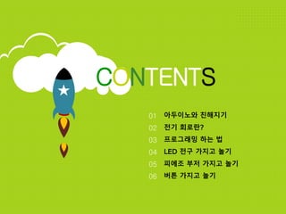 CONTENTS
01 아두이노와 친해지기
02 전기 회로란?
03 프로그래밍 하는 법
04 LED 전구 가지고 놀기
05 피에조 부저 가지고 놀기
06 버튼 가지고 놀기
 