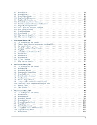 4.7 Better WebLib . . . . . . . . . . . . . . . . . . . . . . . . . . . . . . . . . . . . . . . . . . . . . . 39
4.8 Better RingQt . . . . . . . . . . . . . . . . . . . . . . . . . . . . . . . . . . . . . . . . . . . . . . . 42
4.9 Better Objects Library . . . . . . . . . . . . . . . . . . . . . . . . . . . . . . . . . . . . . . . . . . 44
4.10 RingFreeGLUT Extension . . . . . . . . . . . . . . . . . . . . . . . . . . . . . . . . . . . . . . . . 44
4.11 RingOpenGL Extension . . . . . . . . . . . . . . . . . . . . . . . . . . . . . . . . . . . . . . . . . 54
4.12 Better Code Generator for Extensions . . . . . . . . . . . . . . . . . . . . . . . . . . . . . . . . . . 57
4.13 Better Documentation Generator for Extensions . . . . . . . . . . . . . . . . . . . . . . . . . . . . 58
4.14 Ring VM - Tracing Functions . . . . . . . . . . . . . . . . . . . . . . . . . . . . . . . . . . . . . . 58
4.15 Trace Library and Interactive Debugger . . . . . . . . . . . . . . . . . . . . . . . . . . . . . . . . . 62
4.16 More Syntax Flexibility . . . . . . . . . . . . . . . . . . . . . . . . . . . . . . . . . . . . . . . . . 64
4.17 Type Hints Library . . . . . . . . . . . . . . . . . . . . . . . . . . . . . . . . . . . . . . . . . . . . 65
4.18 Better Quality . . . . . . . . . . . . . . . . . . . . . . . . . . . . . . . . . . . . . . . . . . . . . . 66
4.19 What is new in Ring 1.5.1? . . . . . . . . . . . . . . . . . . . . . . . . . . . . . . . . . . . . . . . . 66
4.20 What is new in Ring 1.5.2? . . . . . . . . . . . . . . . . . . . . . . . . . . . . . . . . . . . . . . . . 71
5 What is new in Ring 1.4? 73
5.1 List of changes and new features . . . . . . . . . . . . . . . . . . . . . . . . . . . . . . . . . . . . . 73
5.2 Change: Basic Extensions are separated from RingVM . . . . . . . . . . . . . . . . . . . . . . . . . 73
5.3 The Natural Library . . . . . . . . . . . . . . . . . . . . . . . . . . . . . . . . . . . . . . . . . . . 74
5.4 New Style is added to Ring Notepad . . . . . . . . . . . . . . . . . . . . . . . . . . . . . . . . . . . 76
5.5 RingREPL . . . . . . . . . . . . . . . . . . . . . . . . . . . . . . . . . . . . . . . . . . . . . . . . 77
5.6 Convert between Numbers and Bytes . . . . . . . . . . . . . . . . . . . . . . . . . . . . . . . . . . 77
5.7 Better StdLib . . . . . . . . . . . . . . . . . . . . . . . . . . . . . . . . . . . . . . . . . . . . . . . 78
5.8 Better WebLib . . . . . . . . . . . . . . . . . . . . . . . . . . . . . . . . . . . . . . . . . . . . . . 78
5.9 Better RingQt . . . . . . . . . . . . . . . . . . . . . . . . . . . . . . . . . . . . . . . . . . . . . . . 80
5.10 Qt Class Convertor . . . . . . . . . . . . . . . . . . . . . . . . . . . . . . . . . . . . . . . . . . . . 80
5.11 What is new in Ring 1.4.1? . . . . . . . . . . . . . . . . . . . . . . . . . . . . . . . . . . . . . . . . 81
6 What is new in Ring 1.3? 85
6.1 List of changes and new features . . . . . . . . . . . . . . . . . . . . . . . . . . . . . . . . . . . . . 85
6.2 Better RingQt . . . . . . . . . . . . . . . . . . . . . . . . . . . . . . . . . . . . . . . . . . . . . . . 85
6.3 Better Ring Notepad . . . . . . . . . . . . . . . . . . . . . . . . . . . . . . . . . . . . . . . . . . . 89
6.4 Ring mode for Emacs Editor . . . . . . . . . . . . . . . . . . . . . . . . . . . . . . . . . . . . . . . 92
6.5 Better StdLib . . . . . . . . . . . . . . . . . . . . . . . . . . . . . . . . . . . . . . . . . . . . . . . 93
6.6 Better Loop|Exit Command . . . . . . . . . . . . . . . . . . . . . . . . . . . . . . . . . . . . . . . 93
6.7 New Functions . . . . . . . . . . . . . . . . . . . . . . . . . . . . . . . . . . . . . . . . . . . . . . 94
6.8 Return Self by Reference . . . . . . . . . . . . . . . . . . . . . . . . . . . . . . . . . . . . . . . . . 94
6.9 Using ‘<’ and ‘:’ operators as ‘from’ keyword . . . . . . . . . . . . . . . . . . . . . . . . . . . . . 95
6.10 Embedding Ring in Ring without sharing the State . . . . . . . . . . . . . . . . . . . . . . . . . . . 95
6.11 RingZip Library . . . . . . . . . . . . . . . . . . . . . . . . . . . . . . . . . . . . . . . . . . . . . 96
6.12 Form Designer . . . . . . . . . . . . . . . . . . . . . . . . . . . . . . . . . . . . . . . . . . . . . . 96
7 What is new in Ring 1.2? 98
7.1 List of changes and new features . . . . . . . . . . . . . . . . . . . . . . . . . . . . . . . . . . . . . 98
7.2 New Functions . . . . . . . . . . . . . . . . . . . . . . . . . . . . . . . . . . . . . . . . . . . . . . 98
7.3 Better Functions . . . . . . . . . . . . . . . . . . . . . . . . . . . . . . . . . . . . . . . . . . . . . 99
7.4 Better Ring Notepad . . . . . . . . . . . . . . . . . . . . . . . . . . . . . . . . . . . . . . . . . . . 99
7.5 Better RingQt . . . . . . . . . . . . . . . . . . . . . . . . . . . . . . . . . . . . . . . . . . . . . . . 100
7.6 Objects Library for RingQt . . . . . . . . . . . . . . . . . . . . . . . . . . . . . . . . . . . . . . . 100
7.7 RingLibCurl . . . . . . . . . . . . . . . . . . . . . . . . . . . . . . . . . . . . . . . . . . . . . . . 101
7.8 Better Call Command . . . . . . . . . . . . . . . . . . . . . . . . . . . . . . . . . . . . . . . . . . 102
7.9 Using NULL instead of NULLPointer() . . . . . . . . . . . . . . . . . . . . . . . . . . . . . . . . . 102
7.10 Display Warnings Option . . . . . . . . . . . . . . . . . . . . . . . . . . . . . . . . . . . . . . . . 102
7.11 Better Quality . . . . . . . . . . . . . . . . . . . . . . . . . . . . . . . . . . . . . . . . . . . . . . 103
ii
 