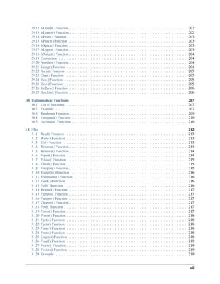 29.12 IsGraph() Function . . . . . . . . . . . . . . . . . . . . . . . . . . . . . . . . . . . . . . . . . . . . 202
29.13 IsLower() Function . . . . . . . . . . . . . . . . . . . . . . . . . . . . . . . . . . . . . . . . . . . . 202
29.14 IsPrint() Function . . . . . . . . . . . . . . . . . . . . . . . . . . . . . . . . . . . . . . . . . . . . . 203
29.15 IsPunct() Function . . . . . . . . . . . . . . . . . . . . . . . . . . . . . . . . . . . . . . . . . . . . 203
29.16 IsSpace() Function . . . . . . . . . . . . . . . . . . . . . . . . . . . . . . . . . . . . . . . . . . . . 203
29.17 IsUpper() Function . . . . . . . . . . . . . . . . . . . . . . . . . . . . . . . . . . . . . . . . . . . . 203
29.18 IsXdigit() Function . . . . . . . . . . . . . . . . . . . . . . . . . . . . . . . . . . . . . . . . . . . . 204
29.19 Conversion . . . . . . . . . . . . . . . . . . . . . . . . . . . . . . . . . . . . . . . . . . . . . . . . 204
29.20 Number() Function . . . . . . . . . . . . . . . . . . . . . . . . . . . . . . . . . . . . . . . . . . . . 204
29.21 String() Function . . . . . . . . . . . . . . . . . . . . . . . . . . . . . . . . . . . . . . . . . . . . . 204
29.22 Ascii() Function . . . . . . . . . . . . . . . . . . . . . . . . . . . . . . . . . . . . . . . . . . . . . 205
29.23 Char() Function . . . . . . . . . . . . . . . . . . . . . . . . . . . . . . . . . . . . . . . . . . . . . 205
29.24 Hex() Function . . . . . . . . . . . . . . . . . . . . . . . . . . . . . . . . . . . . . . . . . . . . . . 205
29.25 Dec() Function . . . . . . . . . . . . . . . . . . . . . . . . . . . . . . . . . . . . . . . . . . . . . . 205
29.26 Str2hex() Function . . . . . . . . . . . . . . . . . . . . . . . . . . . . . . . . . . . . . . . . . . . . 206
29.27 Hex2str() Function . . . . . . . . . . . . . . . . . . . . . . . . . . . . . . . . . . . . . . . . . . . . 206
30 Mathematical Functions 207
30.1 List of functions . . . . . . . . . . . . . . . . . . . . . . . . . . . . . . . . . . . . . . . . . . . . . 207
30.2 Example . . . . . . . . . . . . . . . . . . . . . . . . . . . . . . . . . . . . . . . . . . . . . . . . . 207
30.3 Random() Function . . . . . . . . . . . . . . . . . . . . . . . . . . . . . . . . . . . . . . . . . . . . 209
30.4 Unsigned() Function . . . . . . . . . . . . . . . . . . . . . . . . . . . . . . . . . . . . . . . . . . . 210
30.5 Decimals() Functions . . . . . . . . . . . . . . . . . . . . . . . . . . . . . . . . . . . . . . . . . . . 210
31 Files 212
31.1 Read() Function . . . . . . . . . . . . . . . . . . . . . . . . . . . . . . . . . . . . . . . . . . . . . 213
31.2 Write() Function . . . . . . . . . . . . . . . . . . . . . . . . . . . . . . . . . . . . . . . . . . . . . 213
31.3 Dir() Function . . . . . . . . . . . . . . . . . . . . . . . . . . . . . . . . . . . . . . . . . . . . . . 213
31.4 Rename() Function . . . . . . . . . . . . . . . . . . . . . . . . . . . . . . . . . . . . . . . . . . . . 214
31.5 Remove() Function . . . . . . . . . . . . . . . . . . . . . . . . . . . . . . . . . . . . . . . . . . . . 214
31.6 Fopen() Function . . . . . . . . . . . . . . . . . . . . . . . . . . . . . . . . . . . . . . . . . . . . . 214
31.7 Fclose() Function . . . . . . . . . . . . . . . . . . . . . . . . . . . . . . . . . . . . . . . . . . . . . 215
31.8 Fﬂush() Function . . . . . . . . . . . . . . . . . . . . . . . . . . . . . . . . . . . . . . . . . . . . . 215
31.9 Freopen() Function . . . . . . . . . . . . . . . . . . . . . . . . . . . . . . . . . . . . . . . . . . . . 215
31.10 Tempﬁle() Function . . . . . . . . . . . . . . . . . . . . . . . . . . . . . . . . . . . . . . . . . . . 216
31.11 Tempname() Function . . . . . . . . . . . . . . . . . . . . . . . . . . . . . . . . . . . . . . . . . . 216
31.12 Fseek() Function . . . . . . . . . . . . . . . . . . . . . . . . . . . . . . . . . . . . . . . . . . . . . 216
31.13 Ftell() Function . . . . . . . . . . . . . . . . . . . . . . . . . . . . . . . . . . . . . . . . . . . . . . 216
31.14 Rewind() Function . . . . . . . . . . . . . . . . . . . . . . . . . . . . . . . . . . . . . . . . . . . . 217
31.15 Fgetpos() Function . . . . . . . . . . . . . . . . . . . . . . . . . . . . . . . . . . . . . . . . . . . . 217
31.16 Fsetpos() Function . . . . . . . . . . . . . . . . . . . . . . . . . . . . . . . . . . . . . . . . . . . . 217
31.17 Clearerr() Function . . . . . . . . . . . . . . . . . . . . . . . . . . . . . . . . . . . . . . . . . . . . 217
31.18 Feof() Function . . . . . . . . . . . . . . . . . . . . . . . . . . . . . . . . . . . . . . . . . . . . . . 217
31.19 Ferror() Function . . . . . . . . . . . . . . . . . . . . . . . . . . . . . . . . . . . . . . . . . . . . . 217
31.20 Perror() Function . . . . . . . . . . . . . . . . . . . . . . . . . . . . . . . . . . . . . . . . . . . . . 218
31.21 Fgetc() Function . . . . . . . . . . . . . . . . . . . . . . . . . . . . . . . . . . . . . . . . . . . . . 218
31.22 Fgets() Function . . . . . . . . . . . . . . . . . . . . . . . . . . . . . . . . . . . . . . . . . . . . . 218
31.23 Fputc() Function . . . . . . . . . . . . . . . . . . . . . . . . . . . . . . . . . . . . . . . . . . . . . 218
31.24 Fputs() Function . . . . . . . . . . . . . . . . . . . . . . . . . . . . . . . . . . . . . . . . . . . . . 218
31.25 Ungetc() Function . . . . . . . . . . . . . . . . . . . . . . . . . . . . . . . . . . . . . . . . . . . . 218
31.26 Fread() Function . . . . . . . . . . . . . . . . . . . . . . . . . . . . . . . . . . . . . . . . . . . . . 219
31.27 Fwrite() Function . . . . . . . . . . . . . . . . . . . . . . . . . . . . . . . . . . . . . . . . . . . . . 219
31.28 Fexists() Function . . . . . . . . . . . . . . . . . . . . . . . . . . . . . . . . . . . . . . . . . . . . 219
31.29 Example . . . . . . . . . . . . . . . . . . . . . . . . . . . . . . . . . . . . . . . . . . . . . . . . . 219
vii
 