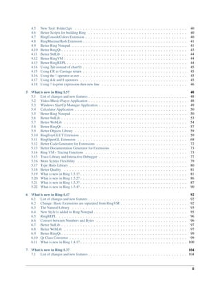 4.5 New Tool: Folder2qrc . . . . . . . . . . . . . . . . . . . . . . . . . . . . . . . . . . . . . . . . . . 40
4.6 Better Scripts for building Ring . . . . . . . . . . . . . . . . . . . . . . . . . . . . . . . . . . . . . 40
4.7 RingConsoleColors Extension . . . . . . . . . . . . . . . . . . . . . . . . . . . . . . . . . . . . . . 40
4.8 RingMurmurHash Extension . . . . . . . . . . . . . . . . . . . . . . . . . . . . . . . . . . . . . . . 41
4.9 Better Ring Notepad . . . . . . . . . . . . . . . . . . . . . . . . . . . . . . . . . . . . . . . . . . . 41
4.10 Better RingQt . . . . . . . . . . . . . . . . . . . . . . . . . . . . . . . . . . . . . . . . . . . . . . . 43
4.11 Better StdLib . . . . . . . . . . . . . . . . . . . . . . . . . . . . . . . . . . . . . . . . . . . . . . . 44
4.12 Better RingVM . . . . . . . . . . . . . . . . . . . . . . . . . . . . . . . . . . . . . . . . . . . . . . 44
4.13 Better RingREPL . . . . . . . . . . . . . . . . . . . . . . . . . . . . . . . . . . . . . . . . . . . . . 44
4.14 Using Tab instead of char(9) . . . . . . . . . . . . . . . . . . . . . . . . . . . . . . . . . . . . . . . 45
4.15 Using CR as Carriage return . . . . . . . . . . . . . . . . . . . . . . . . . . . . . . . . . . . . . . . 45
4.16 Using the ! operator as not . . . . . . . . . . . . . . . . . . . . . . . . . . . . . . . . . . . . . . . . 45
4.17 Using && and || operators . . . . . . . . . . . . . . . . . . . . . . . . . . . . . . . . . . . . . . . . 45
4.18 Using ? to print expression then new line . . . . . . . . . . . . . . . . . . . . . . . . . . . . . . . . 46
5 What is new in Ring 1.5? 48
5.1 List of changes and new features . . . . . . . . . . . . . . . . . . . . . . . . . . . . . . . . . . . . . 48
5.2 Video-Music-Player Application . . . . . . . . . . . . . . . . . . . . . . . . . . . . . . . . . . . . . 48
5.3 Windows StartUp Manager Application . . . . . . . . . . . . . . . . . . . . . . . . . . . . . . . . . 49
5.4 Calculator Application . . . . . . . . . . . . . . . . . . . . . . . . . . . . . . . . . . . . . . . . . . 50
5.5 Better Ring Notepad . . . . . . . . . . . . . . . . . . . . . . . . . . . . . . . . . . . . . . . . . . . 50
5.6 Better StdLib . . . . . . . . . . . . . . . . . . . . . . . . . . . . . . . . . . . . . . . . . . . . . . . 53
5.7 Better WebLib . . . . . . . . . . . . . . . . . . . . . . . . . . . . . . . . . . . . . . . . . . . . . . 54
5.8 Better RingQt . . . . . . . . . . . . . . . . . . . . . . . . . . . . . . . . . . . . . . . . . . . . . . . 57
5.9 Better Objects Library . . . . . . . . . . . . . . . . . . . . . . . . . . . . . . . . . . . . . . . . . . 59
5.10 RingFreeGLUT Extension . . . . . . . . . . . . . . . . . . . . . . . . . . . . . . . . . . . . . . . . 59
5.11 RingOpenGL Extension . . . . . . . . . . . . . . . . . . . . . . . . . . . . . . . . . . . . . . . . . 69
5.12 Better Code Generator for Extensions . . . . . . . . . . . . . . . . . . . . . . . . . . . . . . . . . . 72
5.13 Better Documentation Generator for Extensions . . . . . . . . . . . . . . . . . . . . . . . . . . . . 73
5.14 Ring VM - Tracing Functions . . . . . . . . . . . . . . . . . . . . . . . . . . . . . . . . . . . . . . 73
5.15 Trace Library and Interactive Debugger . . . . . . . . . . . . . . . . . . . . . . . . . . . . . . . . . 77
5.16 More Syntax Flexibility . . . . . . . . . . . . . . . . . . . . . . . . . . . . . . . . . . . . . . . . . 79
5.17 Type Hints Library . . . . . . . . . . . . . . . . . . . . . . . . . . . . . . . . . . . . . . . . . . . . 80
5.18 Better Quality . . . . . . . . . . . . . . . . . . . . . . . . . . . . . . . . . . . . . . . . . . . . . . 81
5.19 What is new in Ring 1.5.1? . . . . . . . . . . . . . . . . . . . . . . . . . . . . . . . . . . . . . . . . 81
5.20 What is new in Ring 1.5.2? . . . . . . . . . . . . . . . . . . . . . . . . . . . . . . . . . . . . . . . . 86
5.21 What is new in Ring 1.5.3? . . . . . . . . . . . . . . . . . . . . . . . . . . . . . . . . . . . . . . . . 87
5.22 What is new in Ring 1.5.4? . . . . . . . . . . . . . . . . . . . . . . . . . . . . . . . . . . . . . . . . 90
6 What is new in Ring 1.4? 92
6.1 List of changes and new features . . . . . . . . . . . . . . . . . . . . . . . . . . . . . . . . . . . . . 92
6.2 Change: Basic Extensions are separated from RingVM . . . . . . . . . . . . . . . . . . . . . . . . . 92
6.3 The Natural Library . . . . . . . . . . . . . . . . . . . . . . . . . . . . . . . . . . . . . . . . . . . 93
6.4 New Style is added to Ring Notepad . . . . . . . . . . . . . . . . . . . . . . . . . . . . . . . . . . . 95
6.5 RingREPL . . . . . . . . . . . . . . . . . . . . . . . . . . . . . . . . . . . . . . . . . . . . . . . . 96
6.6 Convert between Numbers and Bytes . . . . . . . . . . . . . . . . . . . . . . . . . . . . . . . . . . 96
6.7 Better StdLib . . . . . . . . . . . . . . . . . . . . . . . . . . . . . . . . . . . . . . . . . . . . . . . 97
6.8 Better WebLib . . . . . . . . . . . . . . . . . . . . . . . . . . . . . . . . . . . . . . . . . . . . . . 97
6.9 Better RingQt . . . . . . . . . . . . . . . . . . . . . . . . . . . . . . . . . . . . . . . . . . . . . . . 99
6.10 Qt Class Convertor . . . . . . . . . . . . . . . . . . . . . . . . . . . . . . . . . . . . . . . . . . . . 99
6.11 What is new in Ring 1.4.1? . . . . . . . . . . . . . . . . . . . . . . . . . . . . . . . . . . . . . . . . 100
7 What is new in Ring 1.3? 104
7.1 List of changes and new features . . . . . . . . . . . . . . . . . . . . . . . . . . . . . . . . . . . . . 104
ii
 