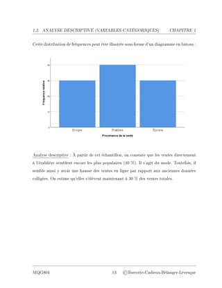 1.2. ANALYSE DESCRIPTIVE (V
ARIABLES CATÉGORIQUES) CHAPITRE 1
Cette distribution de fréquences peut être illustrée sous forme d'un diagramme en bâtons :
Analyse descriptive : À partir de cet échantillon, on constate que les ventes directement
à l'érablière semblent encore les plus populaires (40 %). Il s'agit du mode. Toutefois, il
semble aussi y avoir une hausse des ventes en ligne par rapport aux anciennes données
colligées. On estime qu'elles s'élèvent maintenant à 30 % des ventes totales.
MQG804 13 ©Turcotte-Cadieux-Bélanger-Lévesque
 