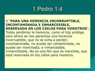 1 Pedro 1:4
4 “PARA UNA HERENCIA INCORRUPTIBLE,
INCONTAMINADA E INMARCESIBLE,
RESERVADA EN LOS CIELOS PARA VOSOTROS”,
Todos perdimos la herencia, como el hijo pródigo
pero ahora se nos garantiza una herencia
incorruptible, que no se echa a perder;
incontaminada, no puede ser contaminada, no
puede ser manchada; e inmarcesible,
inmarchitable. No es una flor que se marchita, que
está reservada en los cielos para nosotros.
 