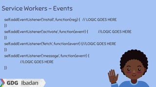 Service Workers - Events
self.addEventListener(‘install’, function(reg) { // LOGIC GOES HERE
})
self.addEventListener(‘activate’, function(event) { //LOGIC GOES HERE
})
self.addEventListener(‘fetch’, function(event) {//LOGIC GOES HERE
})
self.addEventListener(‘message’, function(event) {
//LOGIC GOES HERE
})
 