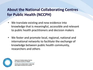 About the National Collaborating Centres
for Public Health (NCCPH)
• We translate existing and new evidence into
knowledge that is meaningful, accessible and relevant
to public health practitioners and decision makers
• We foster and promote local, regional, national and
international networks to facilitate the exchange of
knowledge between public health community,
researchers and others
 