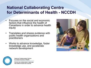 National Collaborating Centre
for Determinants of Health - NCCDH
• Focuses on the social and economic
factors that influence the health of
Canadians in order to advance health
equity
• Translates and shares evidence with
public health organizations and
practitioners
• Works to advance knowledge, foster
knowledge use, and accelerate
network development
 