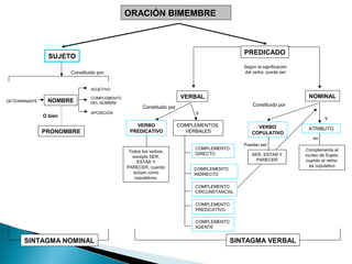 ORACIÓN BIMEMBRE
PREDICADO
Constituido por
DETERMINANTE NOMBRE
ADJETIVO
COMPLEMENTO
DEL NOMBRE
Constituido por
VERBO
PREDICATIVO
COMPLEMENTOS
VERBALES
COMPLEMENTO
DIRECTO
COMPLEMENTO
INDIRECTO
COMPLEMENTO
CIRCUNSTANCIAL
COMPLEMENTO
PREDICATIVO
ATRIBUTO
COMPLEMENTO
AGENTE
APOSICIÓN Y
Complementa al
núcleo de Sujeto,
cuando el verbo
es copulativo
SUJETO
VERBAL NOMINAL
VERBO
COPULATIVO
SINTAGMA NOMINAL
PRONOMBRE
O bien
SINTAGMA VERBAL
SER, ESTAR Y
PARECER
Todos los verbos,
excepto SER,
ESTAR Y
PARECER, cuando
actúan como
copulativos.
Constituido por
Y
Según la significación
del verbo, puede ser:
Pueden ser:
es:
 