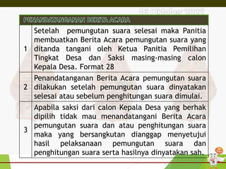 1
Setelah pemungutan suara selesai maka Panitia
membuatkan Berita Acara pemungutan suara yang
ditanda tangani oleh Ketua Panitia Pemilihan
Tingkat Desa dan Saksi masing-masing calon
Kepala Desa. Format 28
2
Penandatanganan Berita Acara pemungutan suara
dilakukan setelah pemungutan suara dinyatakan
selesai atau sebelum penghitungan suara dimulai.
3
Apabila saksi dari calon Kepala Desa yang berhak
dipilih tidak mau menandatangani Berita Acara
pemungutan suara dan atau penghitungan suara
maka yang bersangkutan dianggap menyetujui
hasil pelaksanaan pemungutan suara dan
penghitungan suara serta hasilnya dinyatakan sah.
 