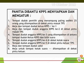 PANITIA DIBANTU KPPS MENYIAPKAN DAN
MENGATUR :
1. Tempat duduk pemilih yang menampung paling sedikit 25
orang yang ditempatkan di dekat pintu masuk TPS
2. Meja dan tempat duduk ketua KPPS / ke-1
3. Meja dan tempat duduk anggota KPPS ke-2 di dekat pintu
masuk TPS
4. Tempat duduk anggota KPPS ke-3 yang ditempatkan di antara
tempat duduk Ketua KPPS dan bilik suara
5. Tempat duduk anggota KPPS ke-4 di dekat kotak suara
6. Tempat duduk anggota KPPS ke-5 di dekat pintu keluar TPS
7. Meja dan tempat duduk saksi
8. Meja untuk tempat kotak suara --- ditempatkan di dekat
pintu keluar.
 