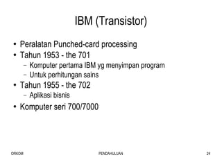 IBM (Transistor) Peralatan Punched-card processing Tahun 1953 - the 701 Komputer pertama IBM yg menyimpan program Untuk perhitungan sains Tahun 1955 - the 702 Aplikasi bisnis Komputer seri 700/7000 