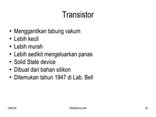 Transistor Menggantikan tabung vakum Lebih kecil Lebih murah Lebih sedikit mengeluarkan panas Solid State device Dibuat dari bahan silikon Ditemukan tahun 1947 di Lab. Bell 