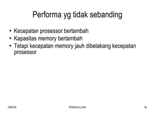 Performa yg tidak sebanding Kecepatan prosessor bertambah Kapasitas memory bertambah Tetapi kecepatan memory jauh dibelakang kecepatan prosessor 