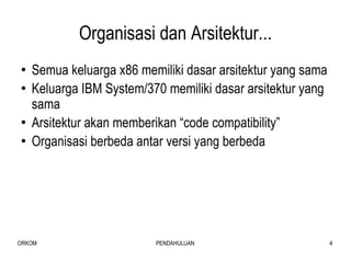 Organisasi dan Arsitektur... Semua keluarga x86 memiliki dasar arsitektur yang sama Keluarga IBM System/370 memiliki dasar arsitektur yang sama  Arsitektur akan memberikan “code compatibility” Organisasi berbeda antar versi yang berbeda 