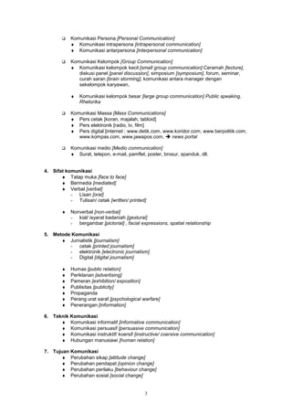 "   Komunikasi Persona [Personal Communication]
           ♦ Komunikasi intrapersona [intrapersonal communication]
           ♦ Komunikasi antarpersona [interpersonal communication]

       "   Komunikasi Kelompok [Group Communication]
           ♦ Komunikasi kelompok kecil [small group communication] Ceramah [lecture],
              diskusi panel [panel discussion], simposium [symposium], forum, seminar,
              curah saran [brain storming], komunikasi antara manager dengan
              sekelompok karyawan,

           ♦   Komunikasi kelompok besar [large group communication] Public speaking,
               Rhetorika

       "   Komunikasi Massa [Mass Communications]
           ♦ Pers cetak [koran, majalah, tabloid]
           ♦ Pers elektronik [radio, tv, film]
           ♦ Pers digital [internet : www.detik.com, www.koridor.com, www.berpolitik.com,
              www.kompas.com, www.jawapos.com, ! news portal

       "   Komunikasi medio [Medio communication]
           ♦ Surat, telepon, e-mail, pamflet, poster, brosur, spanduk, dll.


4. Sifat komunikasi
       ♦ Tatap muka [face to face]
       ♦ Bermedia [mediated]
       ♦ Verbal [verbal]
           - Lisan [oral]
           - Tulisan/ cetak [written/ printed]

       ♦   Nonverbal [non-verbal]
           - kial/ isyarat badaniah [gestural]
           - bergambar [pictorial] , facial expressions, spatial relationship

5. Metode Komunikasi
      ♦ Jurnalistik [journalism]
         - cetak [printed journalism]
         - elektronik [electronic journalism]
         - Digital [digital journalism]

       ♦   Humas [public relation]
       ♦   Periklanan [advertising]
       ♦   Pameran [exhibition/ exposition]
       ♦   Publisitas [publicity]
       ♦   Propaganda
       ♦   Perang urat saraf [psychological warfare]
       ♦   Penerangan [information]

6. Teknik Komunikasi
      ♦ Komunikasi informatif [informative communication]
      ♦ Komunikasi persuasif [persuasive communication]
      ♦ Komunikasi instruktif/ koersif [instructive/ coersive communication]
      ♦ Hubungan manusiawi [human relation]

7. Tujuan Komunikasi
      ♦ Perubahan sikap [attitude change]
      ♦ Perubahan pendapat [opinion change]
      ♦ Perubahan perilaku [behaviour change]
      ♦ Perubahan sosial [social change]


                                             3
 