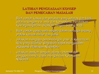 LATIHAN PENGUASAAN KONSEP
                   DAN PEMECAHAN MASALAH
    1.     Buat contoh kasus dan peristiwa yang selaras dan tidak
           selaras dengan visi, misi dan kompetensi Pendidikan
           Kewarganegaraan dikaitkan dengan bidang studi.
    2.     Buat contoh upaya bela negara dalam berbagai bidang
           profesi kecuali militer dan polisi.
    3.     Jelaskan mengapa penambangan pasir di Kepulauan
           Riau yang dijual ke Singapura dapat mengancam
           eksistensi Wawasan Nusantara
    4.     Jelaskan apakah dengan adanya Internet dan
           penggunaannya dapat mengancam Ketahanan
           Nasional.


tambahan Tim MKU ITS    Pengantar Pendidikan Kewarganegaraan     22
 