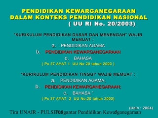 PENDIDIKAN KEWARGANEGARAAN
DALAM KONTEKS PENDIDIKAN NASIONAL
               ( UU RI No. 20/2003)

 “ KURIKULUM PENDIDIKAN DASAR DAN MENENGAH” WAJIB
                        MEMUAT :
                 a. PENDIDIKAN AGAMA
          b. PENDIDIKAN KEWARGANEGARAAN
                     c. BAHASA
             ( Ps 37 AYAT 1 UU No 20 tahun 2003 )


    “ KURIKULUM PENDIDIKAN TINGGI” WAJIB MEMUAT :
                 a. PENDIDIKAN AGAMA;
          b. PENDIDIKAN KEWARGANEGARAAN;
                    c. BAHASA.”
             ( Ps 37 AYAT 2 UU No.20 tahun 2003)

                                                    (Udin : 2004)
Tim UNAIR - PULSE 05
                 Pengantar Pendidikan Kewarganegaraan
                                          5
 