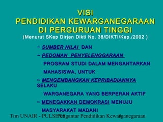 VISI
  PENDIDIKAN KEWARGANEGARAAN
      DI PERGURUAN TINGGI
     ( Menurut SKep Dirjen Dikti No. 38/DIKTI/Kep./2002 )

          ~ SUMBER NILAI DAN
          ~ PEDOMAN PENYELENGGARAAN
             PROGRAM STUDI DALAM MENGANTARKAN
             MAHASISWA, UNTUK
          ~ MENGEMBANGKAN KEPRIBADIANNYA
          SELAKU
             WARGANEGARA YANG BERPERAN AKTIF
          ~ MENEGAKKAN DEMOKRASI MENUJU
            MASYARAKAT MADANI
Tim UNAIR - PULSE 05
                 Pengantar Pendidikan Kewarganegaraan
                                          8
 