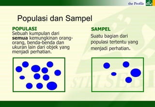 Populasi dan Sampel
POPULASI                      SAMPEL
Sebuah kumpulan dari
semua kemungkinan orang-      Suatu bagian dari
orang, benda-benda dan        populasi tertentu yang
ukuran lain dari objek yang   menjadi perhatian.
menjadi perhatian.
 