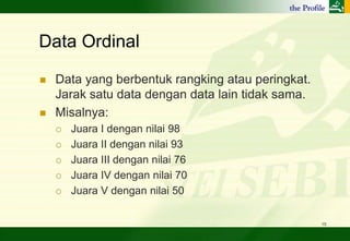 Data Ordinal

   Data yang berbentuk rangking atau peringkat.
    Jarak satu data dengan data lain tidak sama.
   Misalnya:
       Juara I dengan nilai 98
       Juara II dengan nilai 93
       Juara III dengan nilai 76
       Juara IV dengan nilai 70
       Juara V dengan nilai 50

                                                   15
 