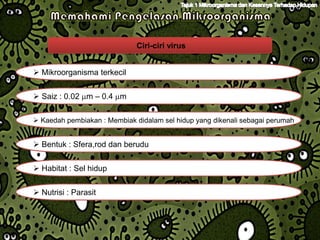 Ciri-ciri virus


 Mikroorganisma terkecil


 Saiz : 0.02 m – 0.4 m

 Kaedah pembiakan : Membiak didalam sel hidup yang dikenali sebagai perumah


 Bentuk : Sfera,rod dan berudu


 Habitat : Sel hidup


 Nutrisi : Parasit
 