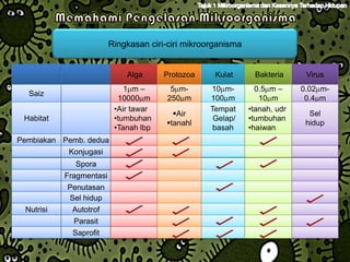 Ringkasan ciri-ciri mikroorganisma


                             Alga      Protozoa     Kulat      Bakteria      Virus
                             1 m–        5 m-     10 m-         0.5 m –     0.02 m-
  Saiz
                           10000 m      250 m     100 m          10 m        0.4 m
                          •Air tawar              Tempat      •tanah, udr
                                         Air                                 Sel
 Habitat                  •tumbuhan                Gelap/     •tumbuhan
                                       tanahl                               hidup
                          •Tanah lbp               basah      •haiwan
Pembiakan Pemb. dedua
            Konjugasi
             Spora
           Fragmentasi
           Penutasan
           Sel hidup
 Nutrisi     Autotrof
             Parasit
             Saprofit
 