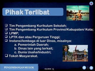 x
13HALAMAN
DIKLAT/BIMTEK KTSP 2009
DEPDIKNAS – DIT. PEMBINAAN SMA
 Tim Pengembang Kurikulum Sekolah;
 Tim Pengembang Kurikulum Provinsi/Kabupaten/ Kota;
 LPMP;
 LPTK dan atau Perguruan Tinggi;
 Instansi/lembaga di luar Dinas, misalnya:
a. Pemerintah Daerah;
b. Dinas lain yang terkait;
c. Dunia Usaha/Industri;
 Tokoh Masyarakat.
 