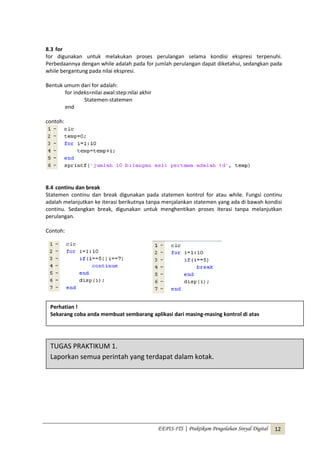 EEPIS-ITS | Praktikum Pengolahan Sinyal Digital 12
8.3 for
for digunakan untuk melakukan proses perulangan selama kondisi ekspresi terpenuhi.
Perbedaannya dengan while adalah pada for jumlah perulangan dapat diketahui, sedangkan pada
while bergantung pada nilai ekspresi.
Bentuk umum dari for adalah:
for indeks=nilai awal:step:nilai akhir
Statemen-statemen
end
contoh:
8.4 continu dan break
Statemen continu dan break digunakan pada statemen kontrol for atau while. Fungsi continu
adalah melanjutkan ke iterasi berikutnya tanpa menjalankan statemen yang ada di bawah kondisi
continu. Sedangkan break, digunakan untuk menghentikan proses iterasi tanpa melanjutkan
perulangan.
Contoh:
TUGAS PRAKTIKUM 1.
Laporkan semua perintah yang terdapat dalam kotak.
Perhatian !
Sekarang coba anda membuat sembarang aplikasi dari masing-masing kontrol di atas
 
