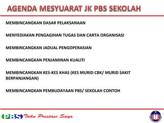 MEMBINCANGKAN DASAR PELAKSANAAN
MENYEDIAKAN PENGAGIHAN TUGAS DAN CARTA ORGANISASI
MEMBINCANGKAN JADUAL PENGOPERASIAN
MEMBINCANGKAN PENJAMINAN KUALITI
MEMBINCANGKAN KES-KES KHAS (KES MURID CBK/ MURID SAKIT
BERPANJANGAN)
MEMBINCANGKAN PEMBUDAYAAN PBS/ SEKOLAH CONTOH
 