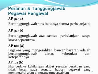 AP 92 (a)
Bertanggungjawab atas betulnya semua perbelanjaan
AP 92 (b)
Bertanggungjawab atas semua perbelanjaan tanpa
kuasa sepatutnya
AP 102 (a)
Pegawai yang mengesahkan baucer bayaran adalah
bertanggungjawab diatas kebetulan dan
ketepatannya
AP 102 (b)
Jika berlaku kehilangan akibat sesuatu perakuan yang
tidak betul pada sesuatu baucer pegawai yang
memperakui akan dipertanggungjawabkan
11
Peranan & Tanggungjawab
Pegawai Pengawal
 