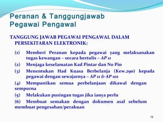 1313
TANGGUNG JAWAB PEGAWAI PENGAWAL DALAM
PERSEKITARAN ELEKTRONIK:
(1) Memberi Peranan kepada pegawai yang melaksanakan
tugas kewangan – secara bertulis – AP 11
(2) Menjaga keselamatan Kad Pintar dan No Pin
(3) Menentukan Had Kuasa Berbelanja (Kew.290) kepada
pegawai dengan sewajarnya – AP 11 & AP 101
(4) Mempastikan semua perbelanjaan dikawal dengan
sempurna
(5) Melakukan pusingan tugas jika ianya perlu
(6) Membuat semakan dengan dokumen asal sebelum
membuat pengesahan/perakuan
Peranan & Tanggungjawab
Pegawai Pengawal
 