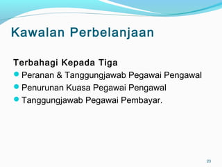 Kawalan Perbelanjaan
Terbahagi Kepada Tiga
Peranan & Tanggungjawab Pegawai Pengawal
Penurunan Kuasa Pegawai Pengawal
Tanggungjawab Pegawai Pembayar.
23
 