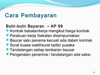 Cara Pembayaran
Butir-butir Bayaran – AP 99
Kontrak bekalan/kerja mengikut harga kontrak
Perakuan kerja /bekalan disempurnakan
Baucar satu penama kecuali ada dalam kontrak
Surat kuasa wakil/surat tadbir pusaka
Tandatangan setiap lembaran baucar
Pengenalan penerima / tandatangan ada saksi.
29
 