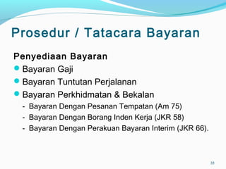 Prosedur / Tatacara Bayaran
Penyediaan Bayaran
Bayaran Gaji
Bayaran Tuntutan Perjalanan
Bayaran Perkhidmatan & Bekalan
- Bayaran Dengan Pesanan Tempatan (Am 75)
- Bayaran Dengan Borang Inden Kerja (JKR 58)
- Bayaran Dengan Perakuan Bayaran Interim (JKR 66).
31
 