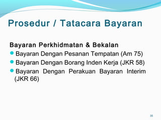 Prosedur / Tatacara Bayaran
Bayaran Perkhidmatan & Bekalan
Bayaran Dengan Pesanan Tempatan (Am 75)
Bayaran Dengan Borang Inden Kerja (JKR 58)
Bayaran Dengan Perakuan Bayaran Interim
(JKR 66)
35
 