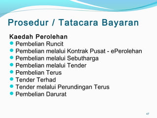 Prosedur / Tatacara Bayaran
Kaedah Perolehan
Pembelian Runcit
Pembelian melalui Kontrak Pusat - ePerolehan
Pembelian melalui Sebutharga
Pembelian melalui Tender
Pembelian Terus
Tender Terhad
Tender melalui Perundingan Terus
Pembelian Darurat
47
 