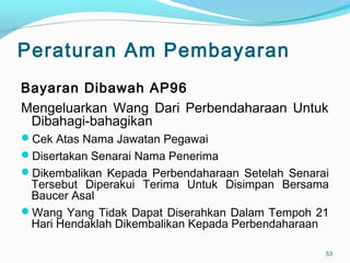 Peraturan Am Pembayaran
Bayaran Dibawah AP96
Mengeluarkan Wang Dari Perbendaharaan Untuk
Dibahagi-bahagikan
Cek Atas Nama Jawatan Pegawai
Disertakan Senarai Nama Penerima
Dikembalikan Kepada Perbendaharaan Setelah Senarai
Tersebut Diperakui Terima Untuk Disimpan Bersama
Baucer Asal
Wang Yang Tidak Dapat Diserahkan Dalam Tempoh 21
Hari Hendaklah Dikembalikan Kepada Perbendaharaan
53
 