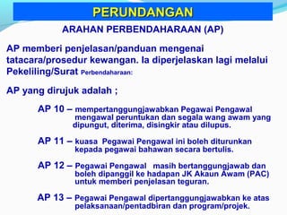 ARAHAN PERBENDAHARAAN (AP)
AP memberi penjelasan/panduan mengenai
tatacara/prosedur kewangan. Ia diperjelaskan lagi melalui
Pekeliling/Surat Perbendaharaan:
AP yang dirujuk adalah ;
AP 10 – mempertanggungjawabkan Pegawai Pengawal
mengawal peruntukan dan segala wang awam yang
dipungut, diterima, disingkir atau dilupus.
AP 11 – kuasa Pegawai Pengawal ini boleh diturunkan
kepada pegawai bahawan secara bertulis.
AP 12 – Pegawai Pengawal masih bertanggungjawab dan
boleh dipanggil ke hadapan JK Akaun Awam (PAC)
untuk memberi penjelasan teguran.
AP 13 – Pegawai Pengawal dipertanggungjawabkan ke atas
pelaksanaan/pentadbiran dan program/projek.
PERUNDANGANPERUNDANGAN
 